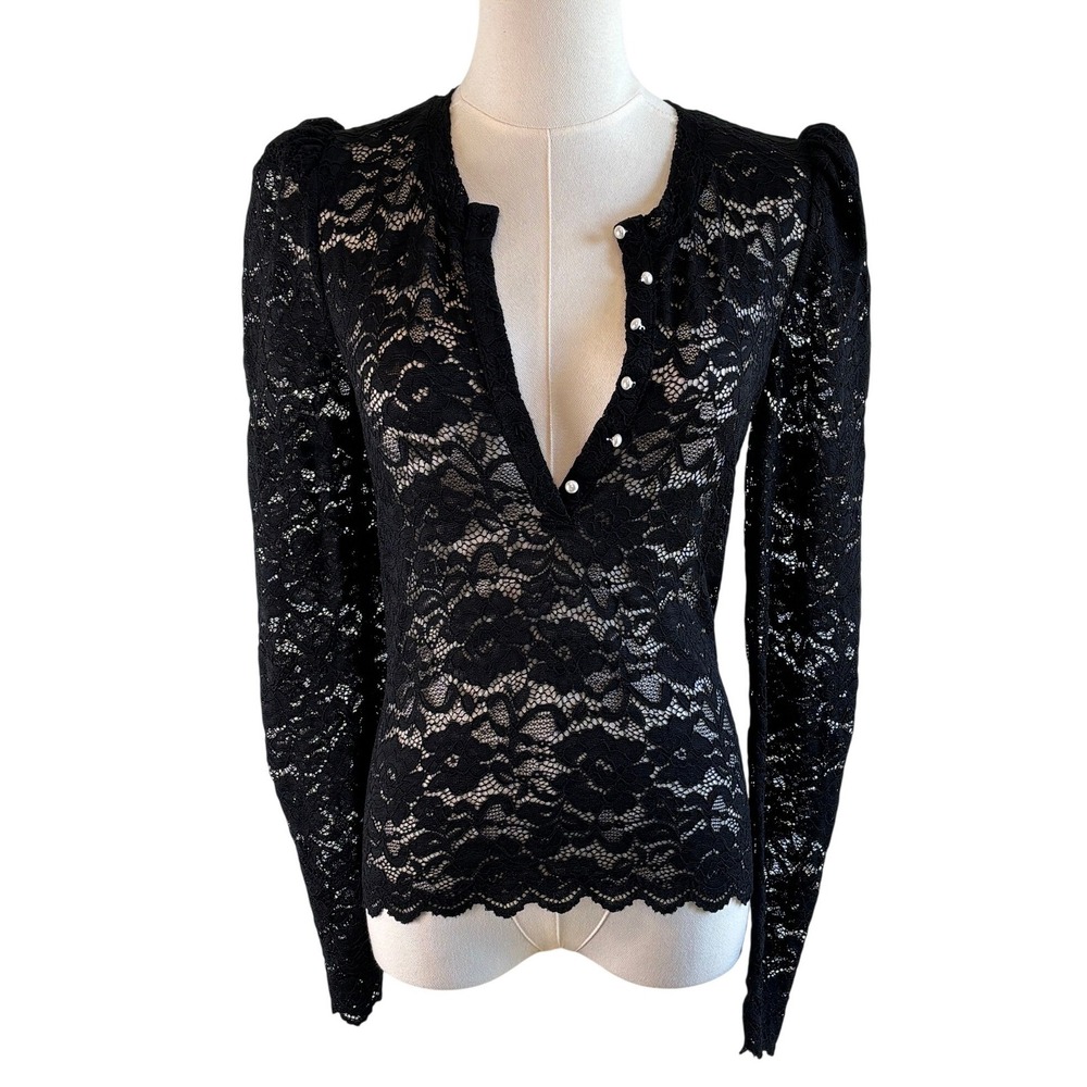 Generation Love Lace Top S Black Pearl Button Puff Sleeve Sheer Blouse